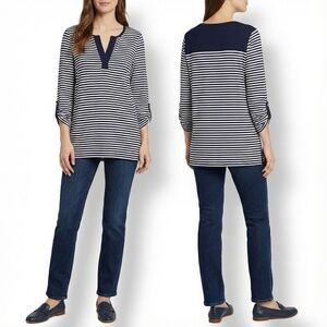 CHICO’S Rayon Spandex Blend Navy White Stripe Tunic Roll Tab Sleeves US Sz L